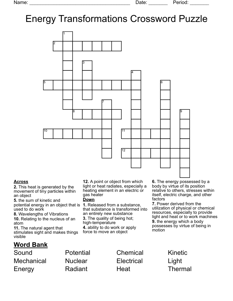 Energy Transformations Crossword Puzzle 