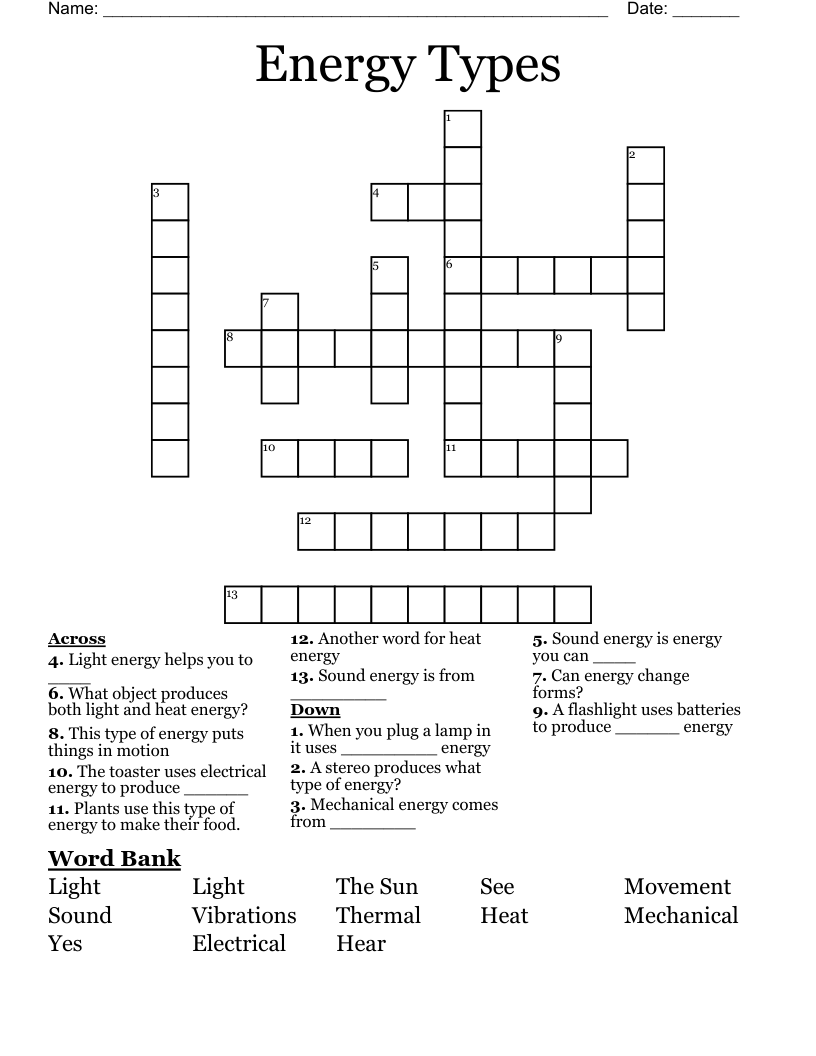 Energy Types Crossword