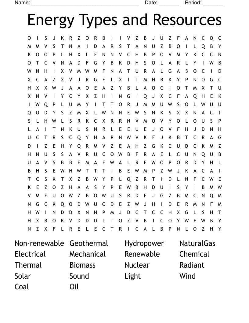 Energy Types and Resources Word Search