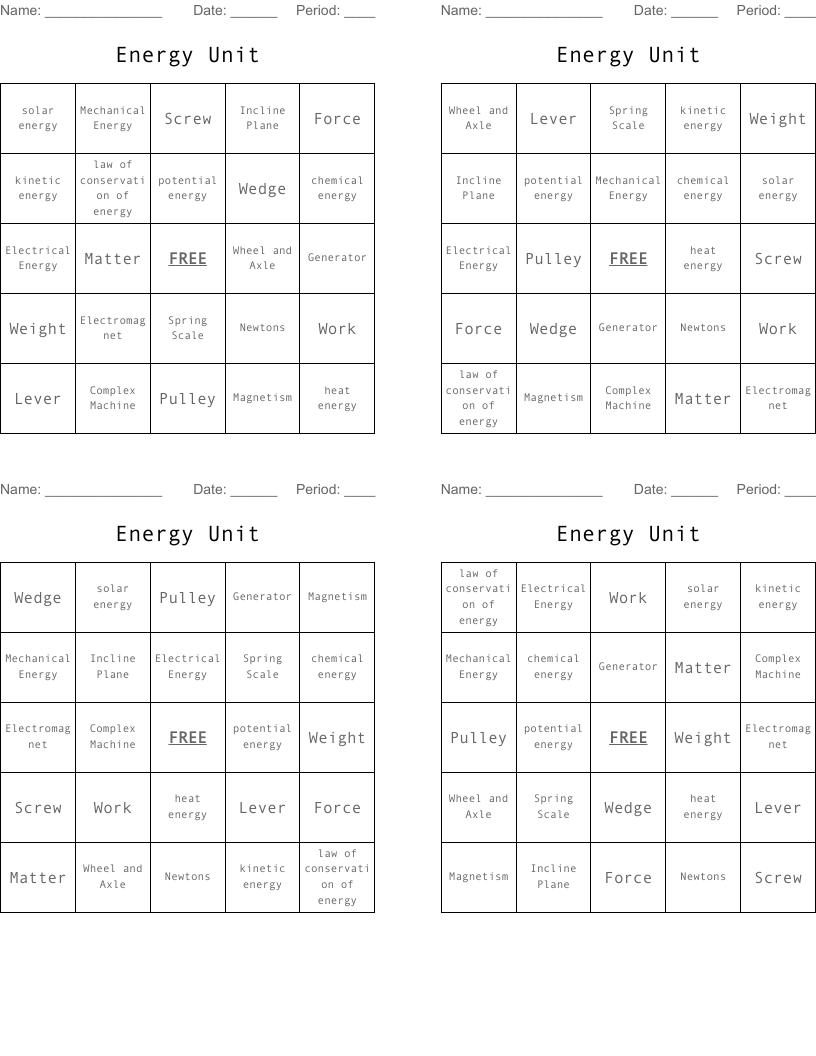 Energy Unit Bingo Cards