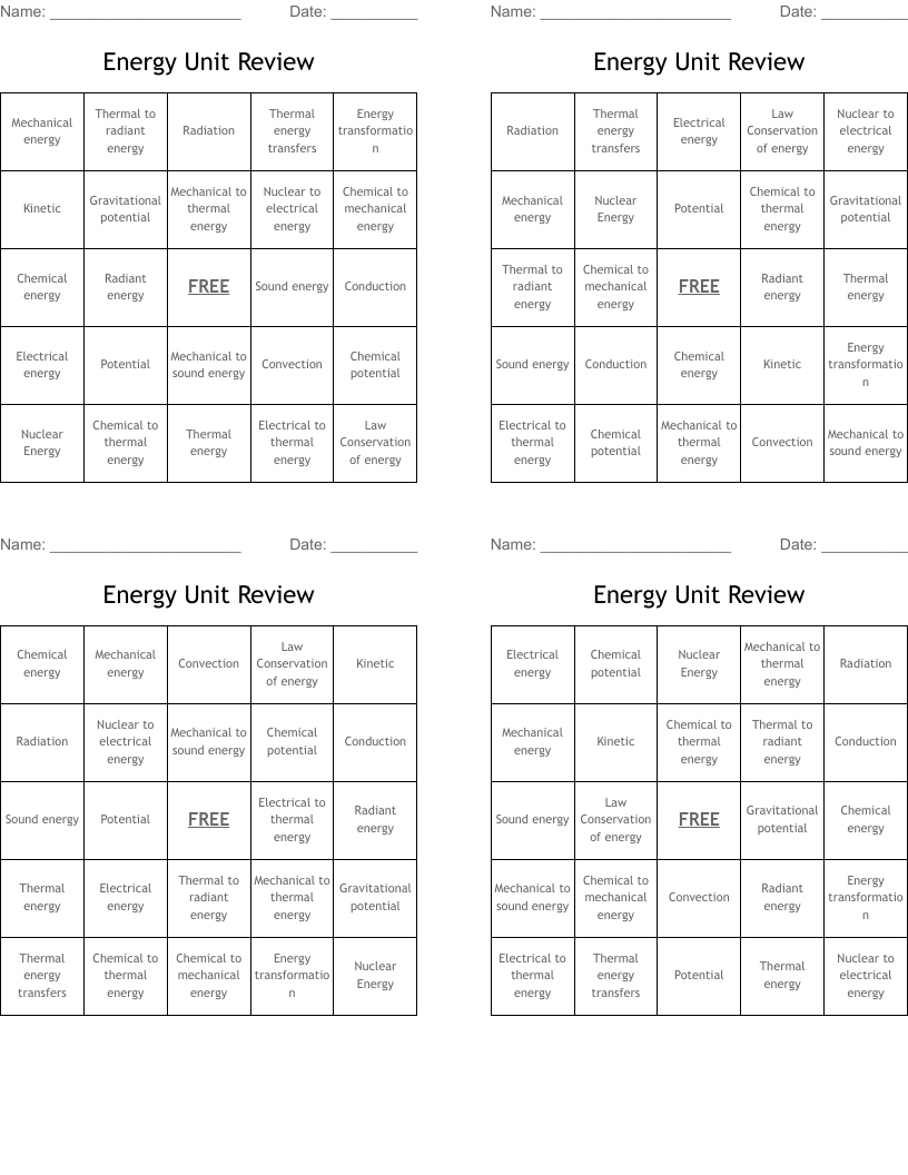 Energy Unit Review Bingo Cards