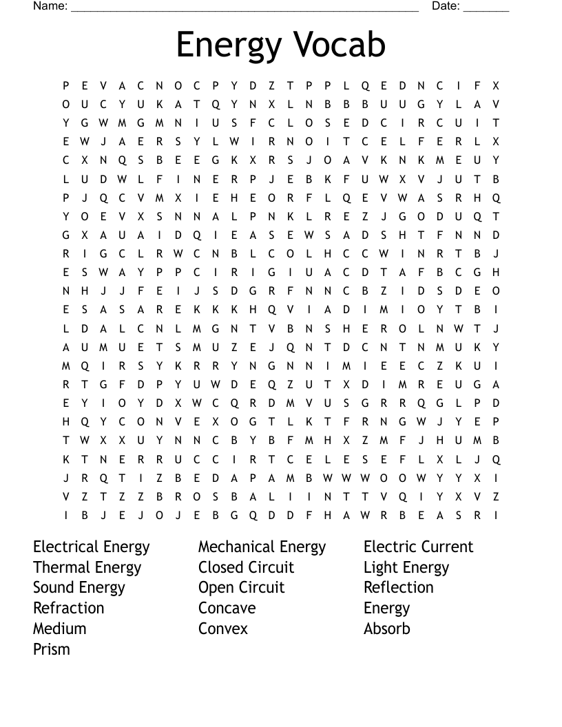 Energy Vocab Word Search