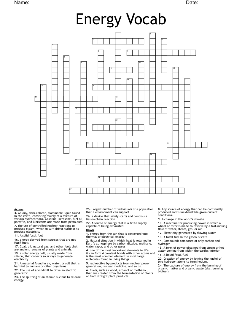 Energy Vocab Crossword