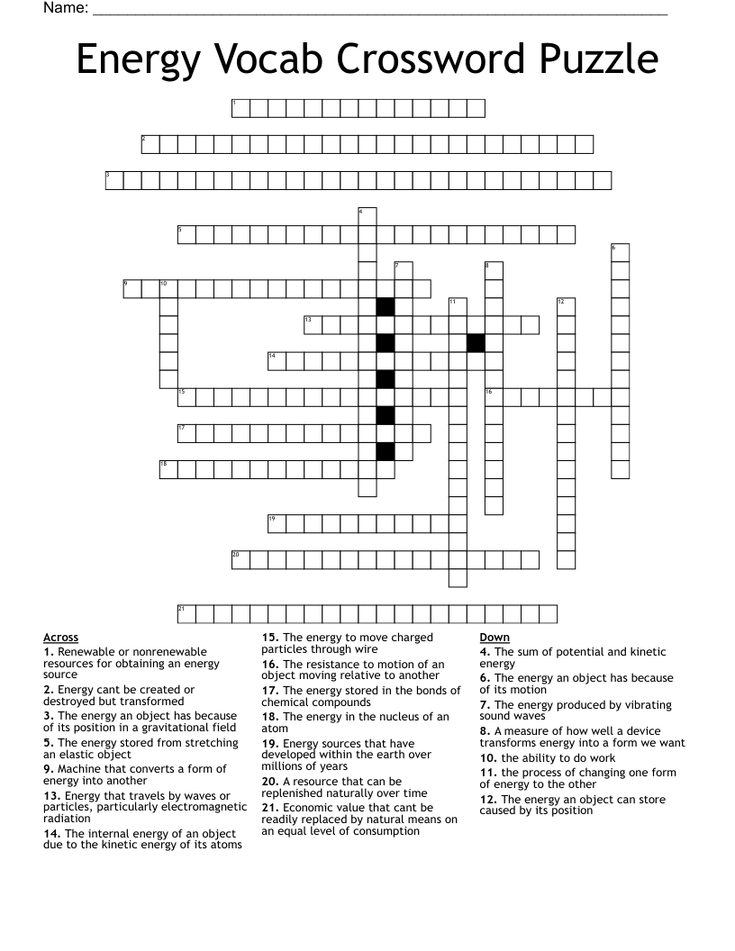 Energy Vocab Crossword Puzzle