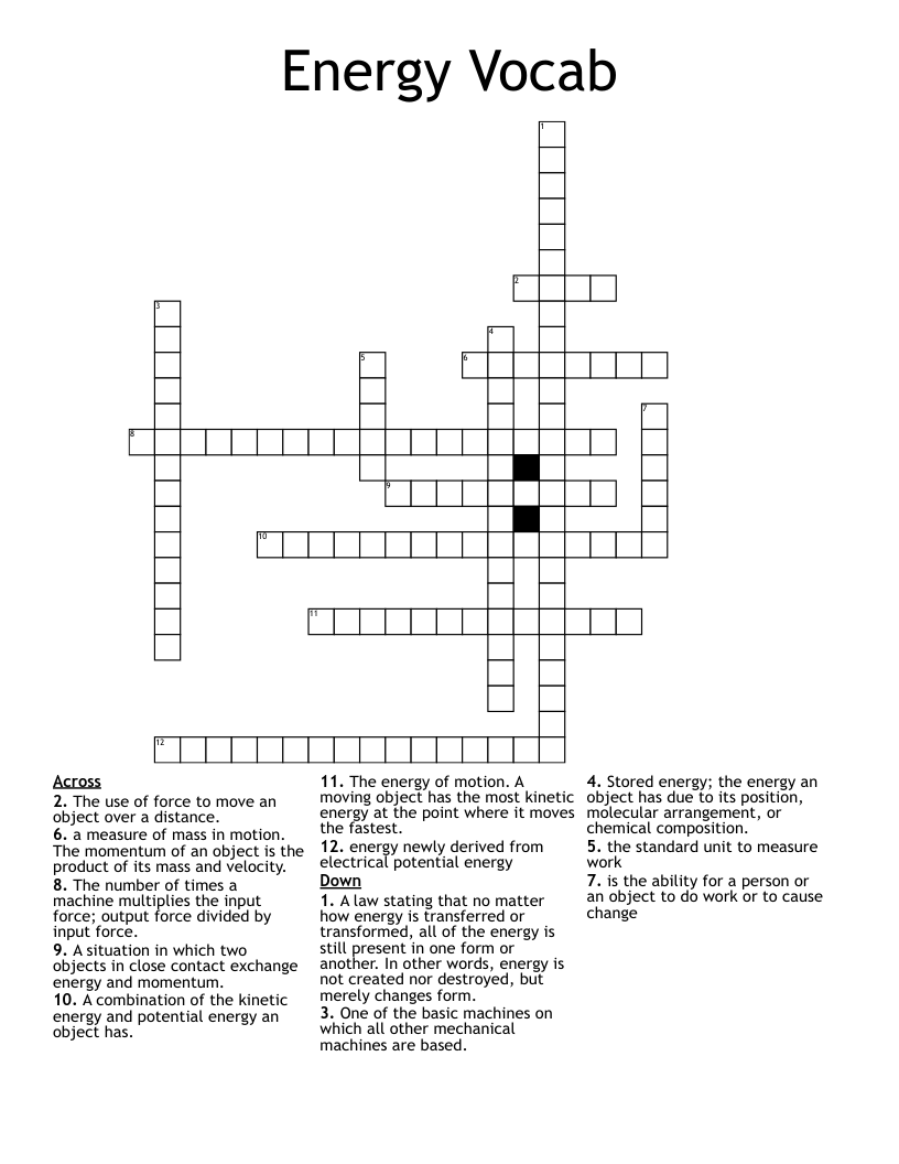 Energy Vocab  Crossword