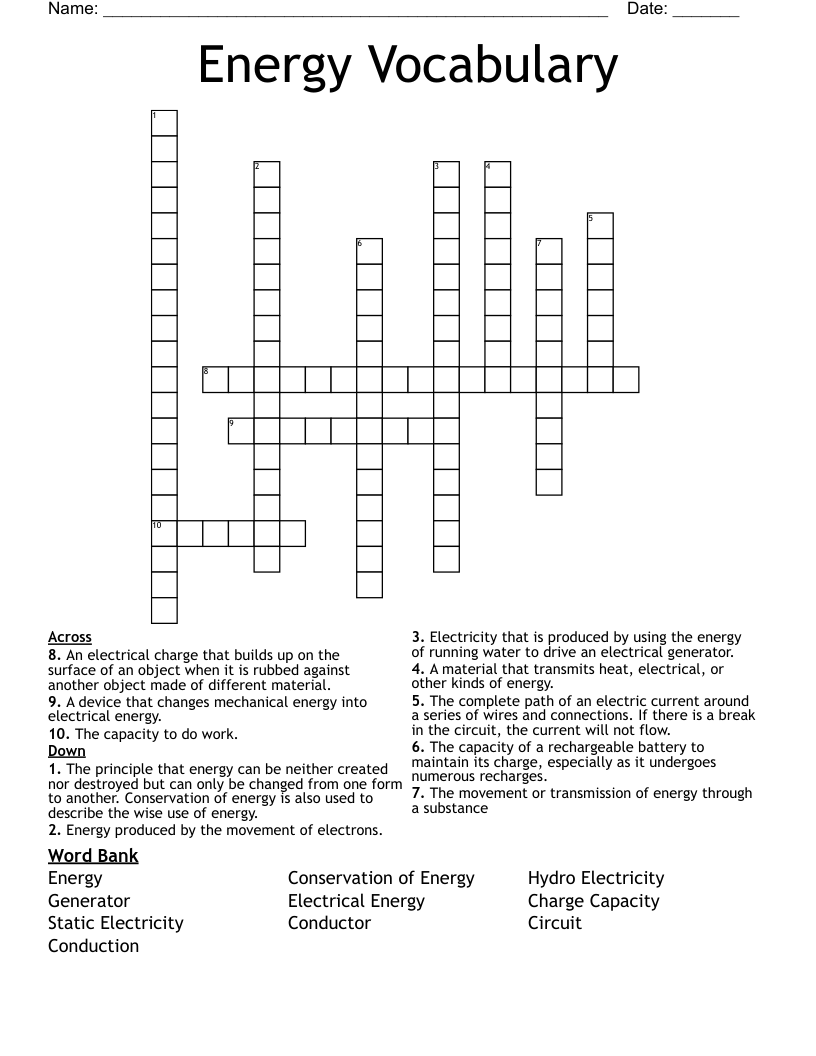 Energy Vocabulary Crossword