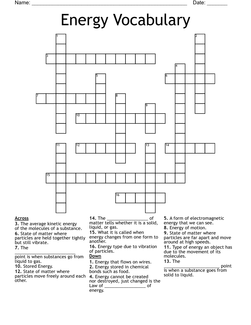 Energy Vocabulary Crossword