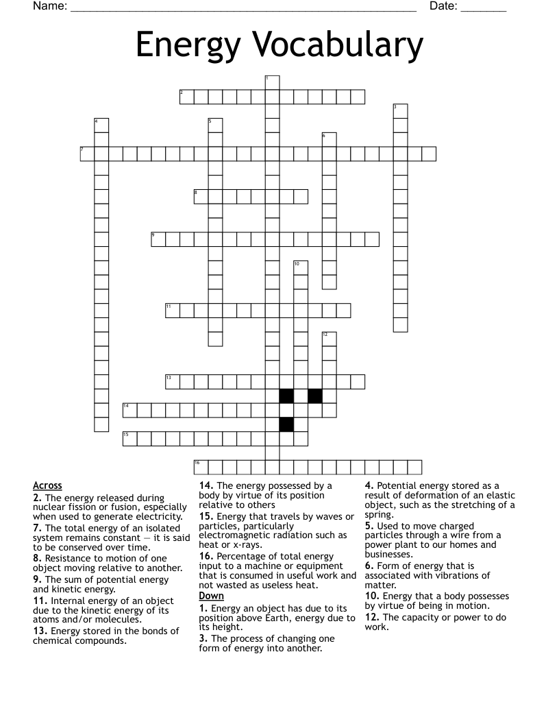 Energy Vocabulary Crossword