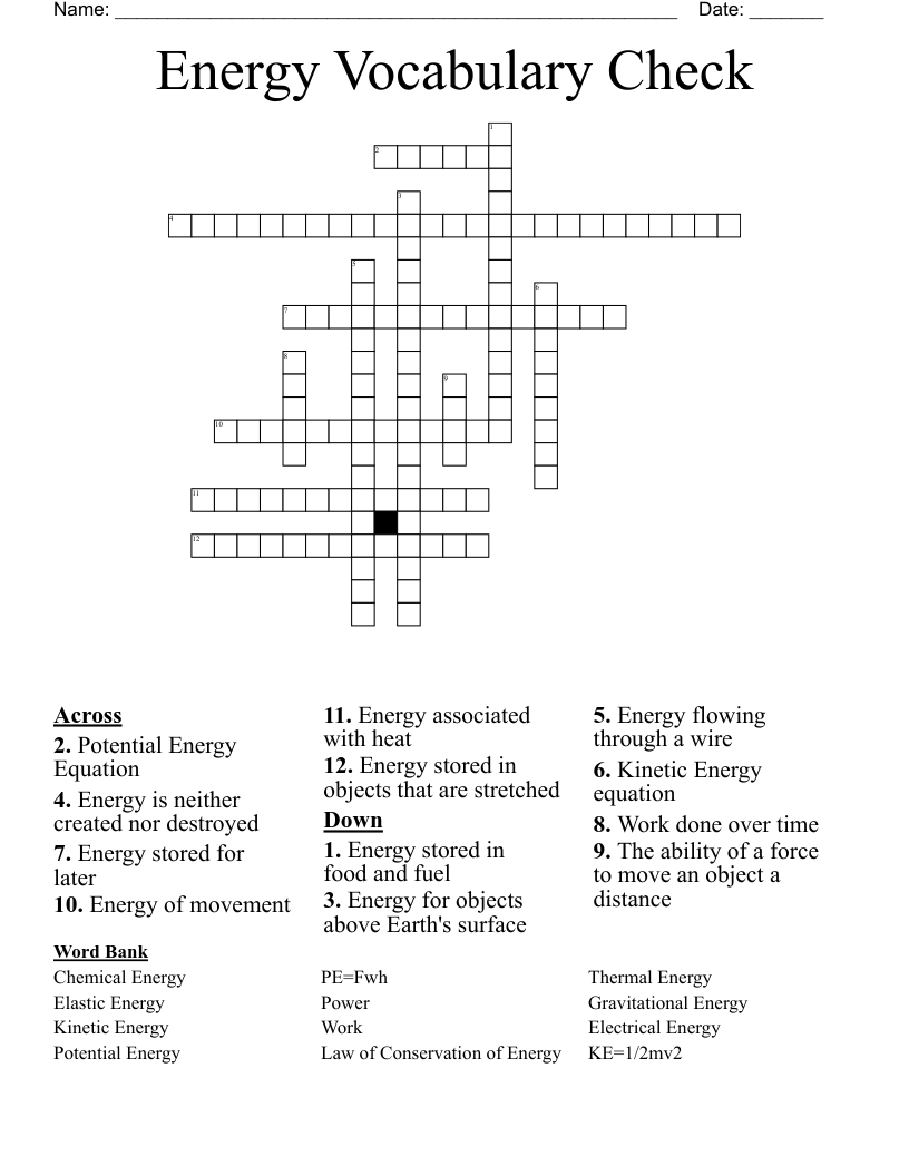 Energy Vocabulary Check Crossword