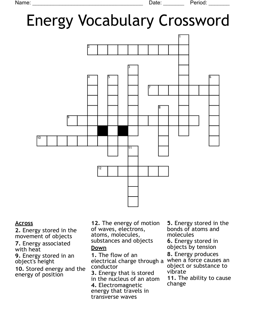 Energy Vocabulary Crossword