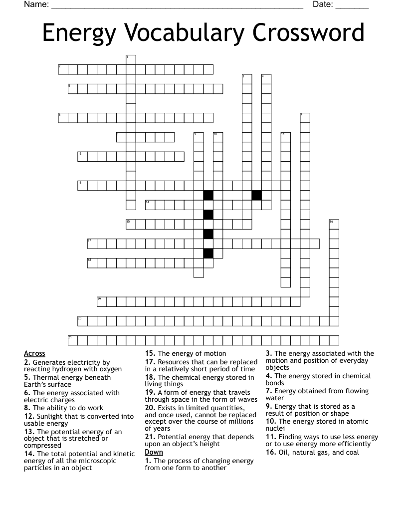 Energy Vocabulary Crossword