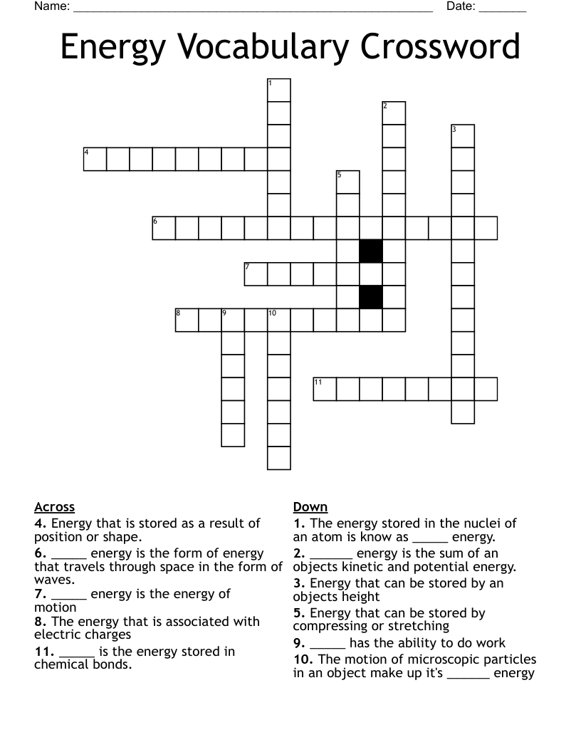 Energy Vocabulary Crossword
