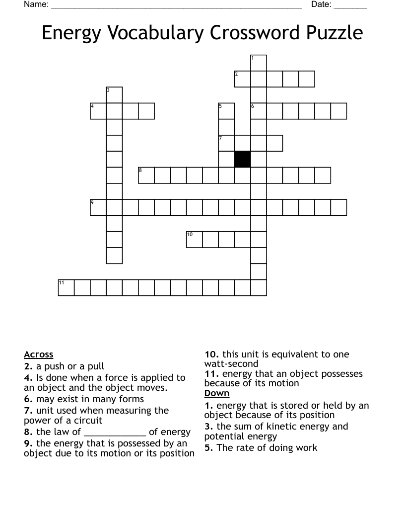 Energy Vocabulary Crossword Puzzle