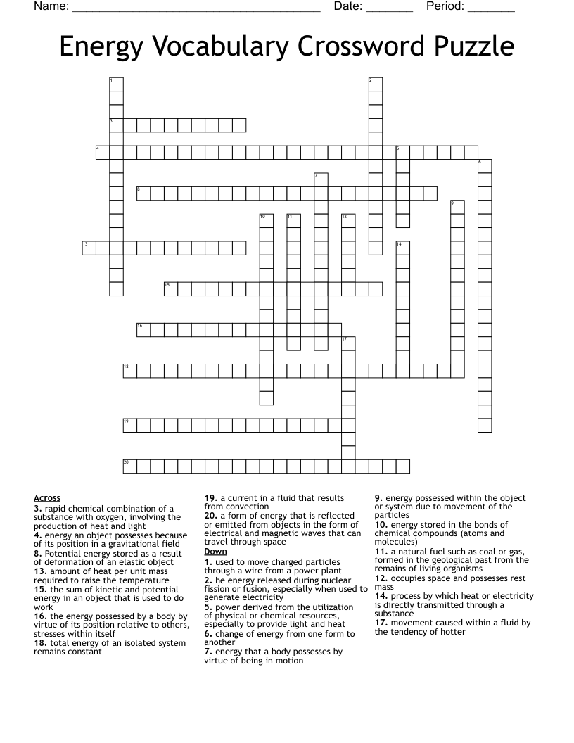 Energy Vocabulary Crossword Puzzle