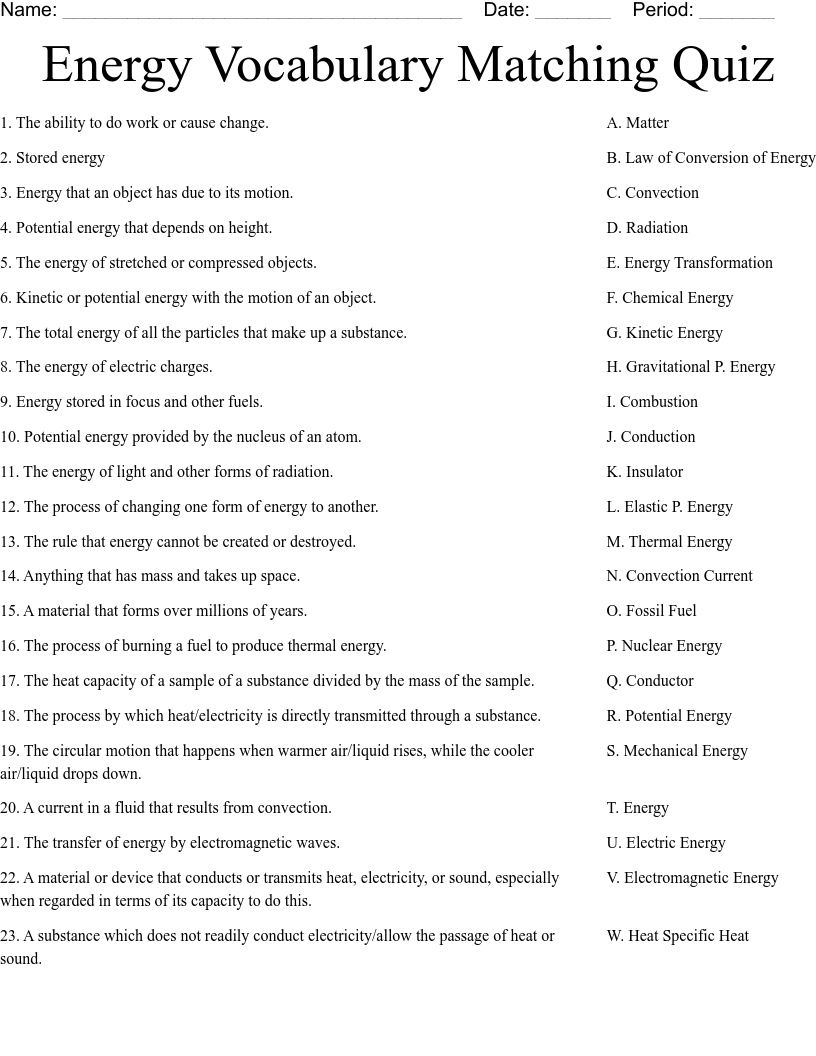 Energy Vocabulary Matching Quiz Worksheet