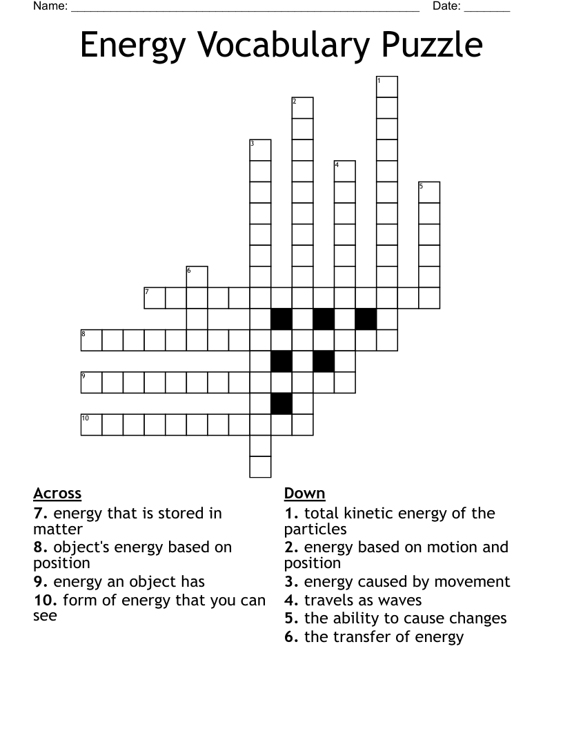 Energy Vocabulary Puzzle Crossword