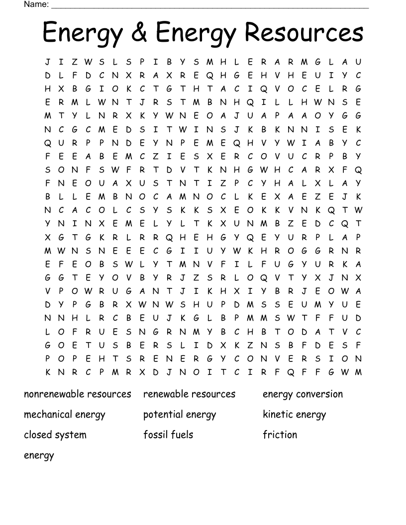 Energy & Energy Resources Word Search