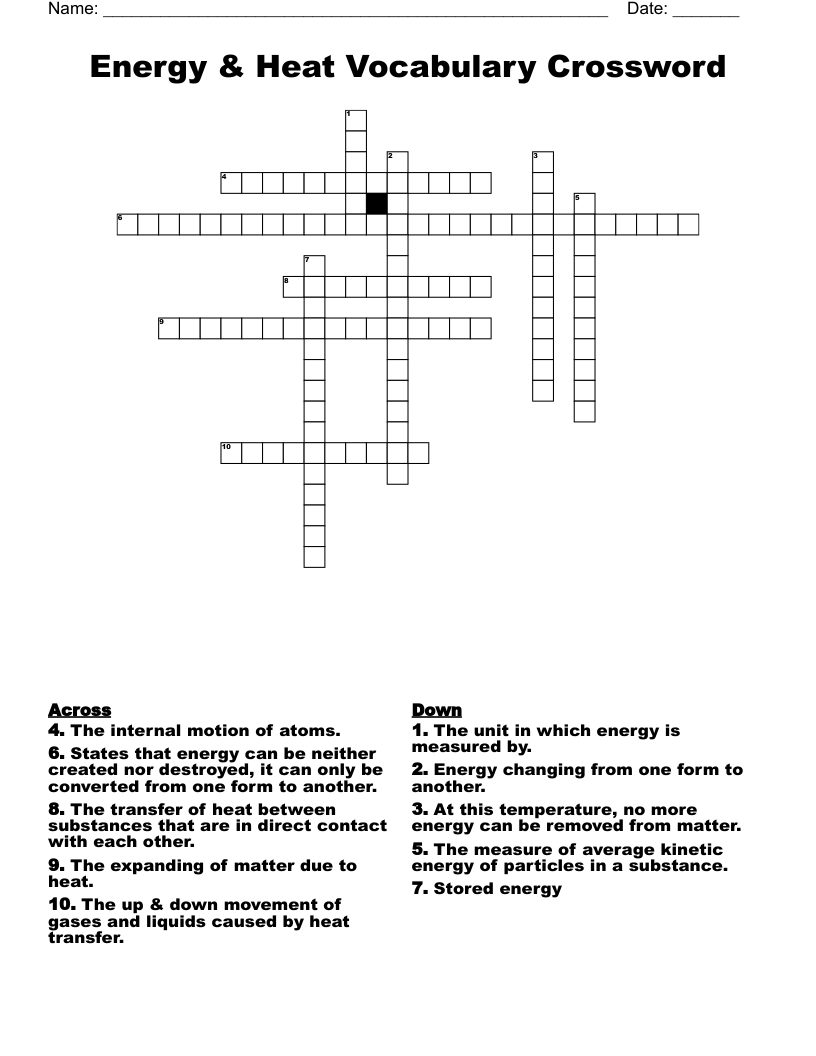 Energy & Heat Vocabulary Crossword 