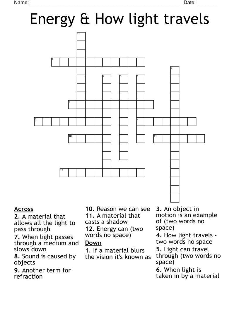 Energy & How light travels Crossword