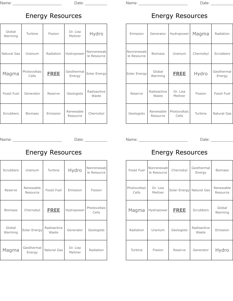 Energy  Resources Bingo Cards