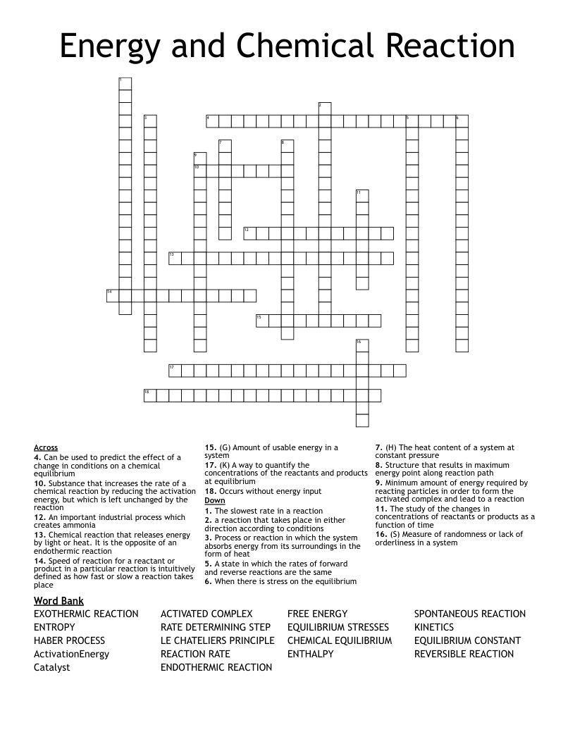 Energy and Chemical Reaction Crossword