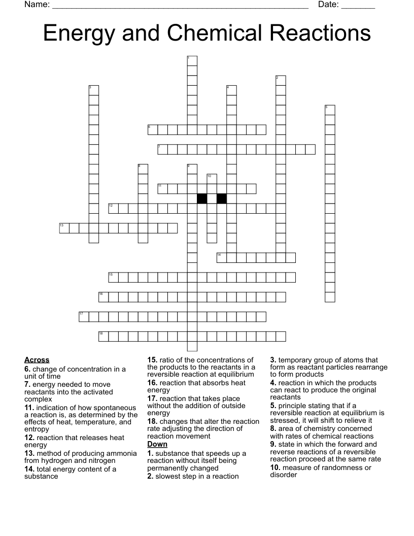 Energy and Chemical Reactions Crossword