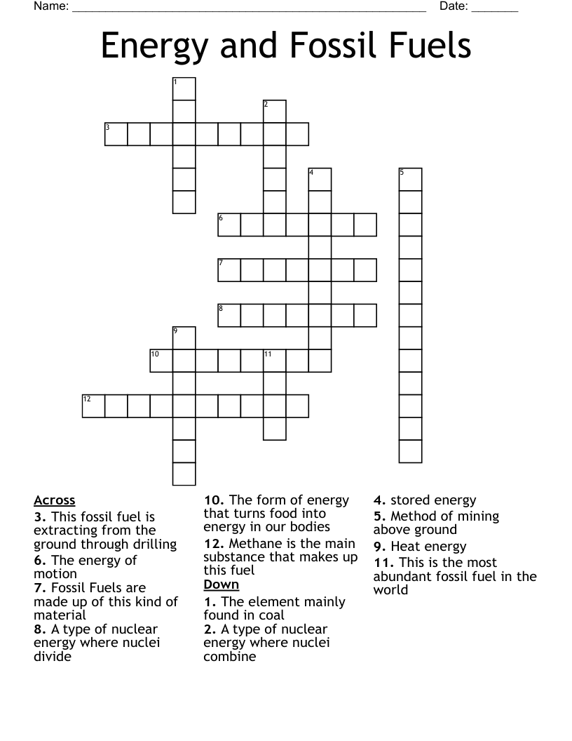 Energy and Fossil Fuels Crossword