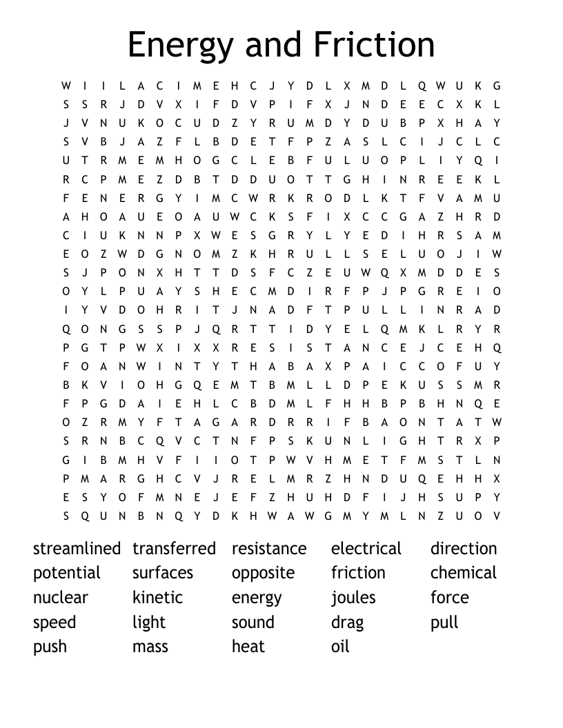 Energy and Friction Word Search