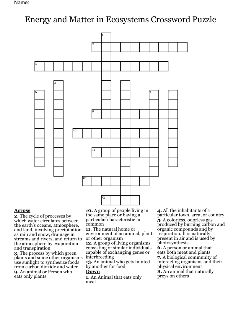 Energy and Matter in Ecosystems Crossword Puzzle