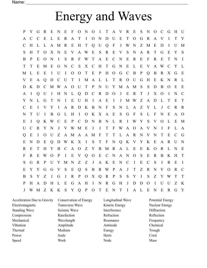 Energy and Waves Word Search