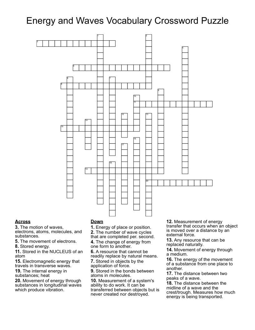 Energy and Waves Vocabulary Crossword Puzzle