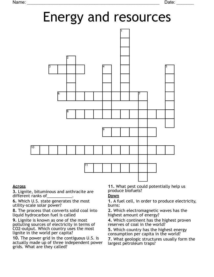 Energy and resources Crossword