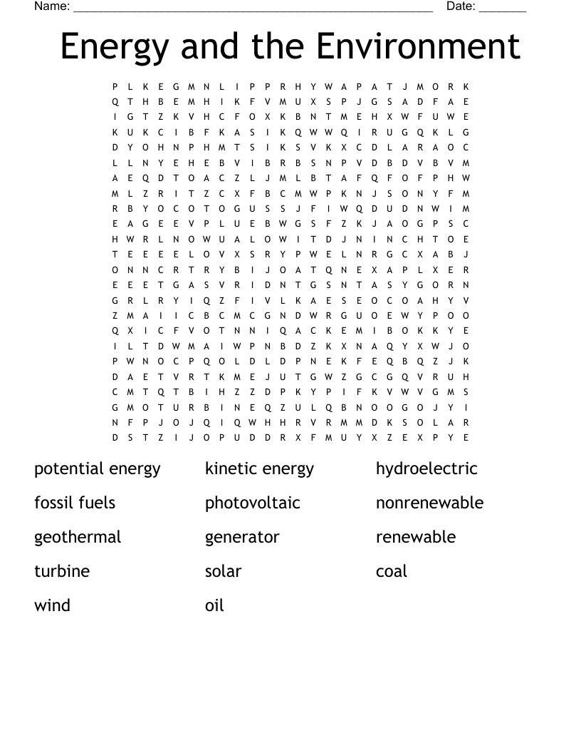 Energy and the Environment Word Search
