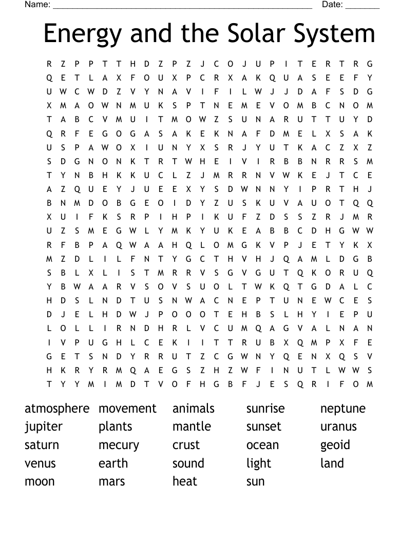 Energy and the Solar System Word Search