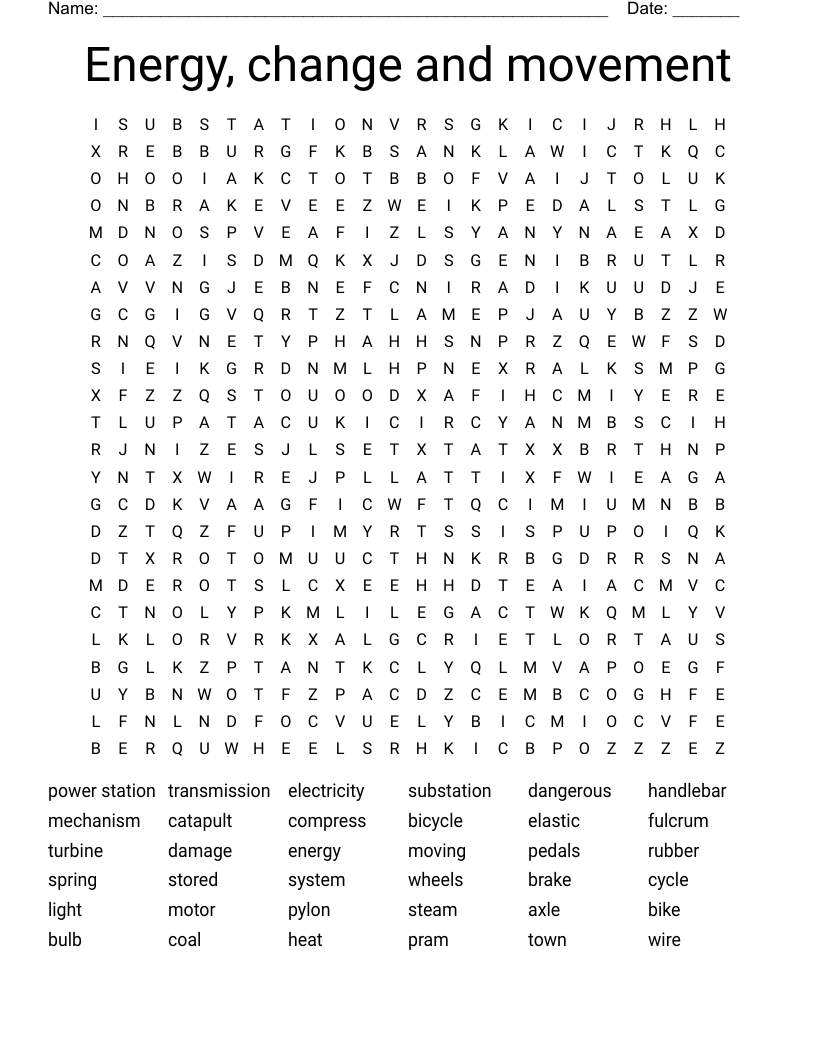 Energy, change and movement Word Search