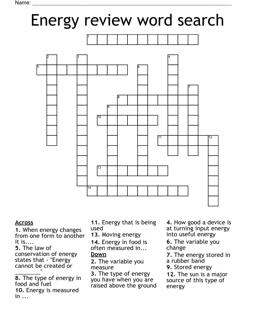 Energy review word search Crossword