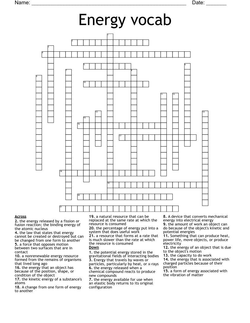 Energy vocab Crossword
