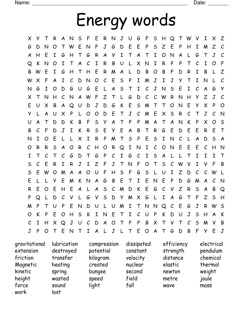 Energy words Word Search