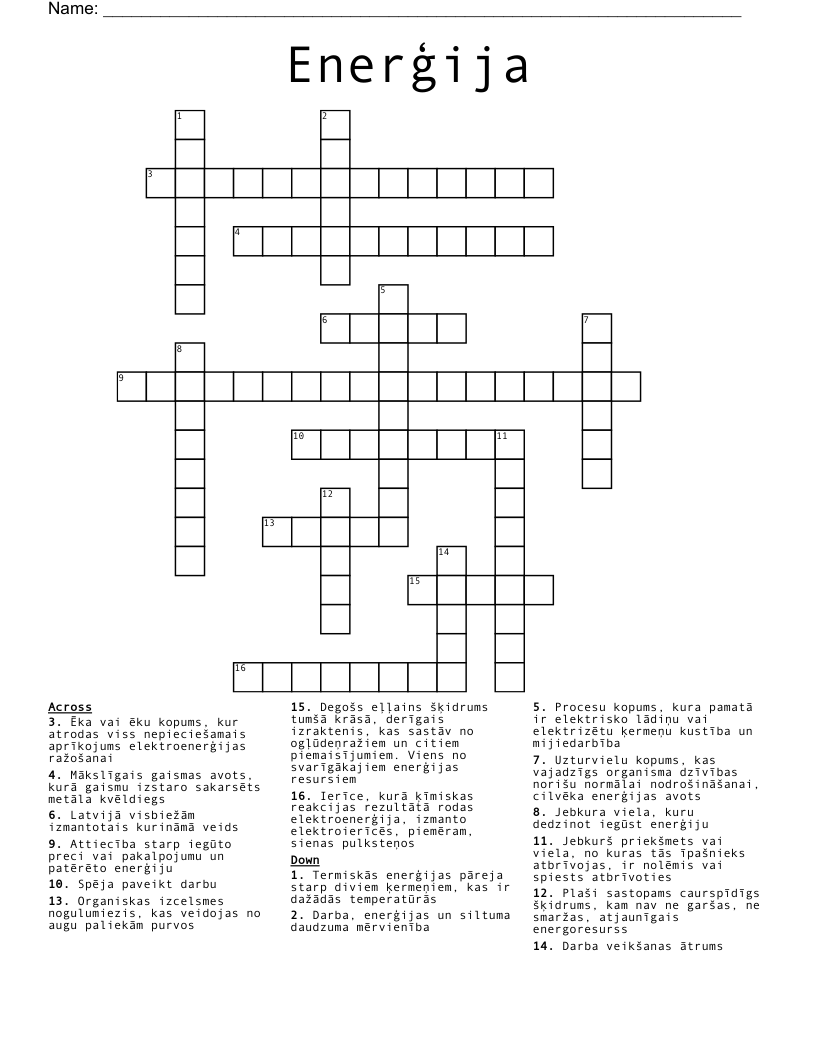 Enerģija Crossword