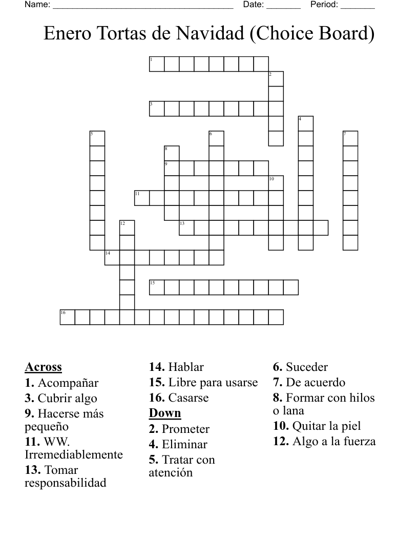 Enero Tortas de Navidad (Choice Board) Crossword