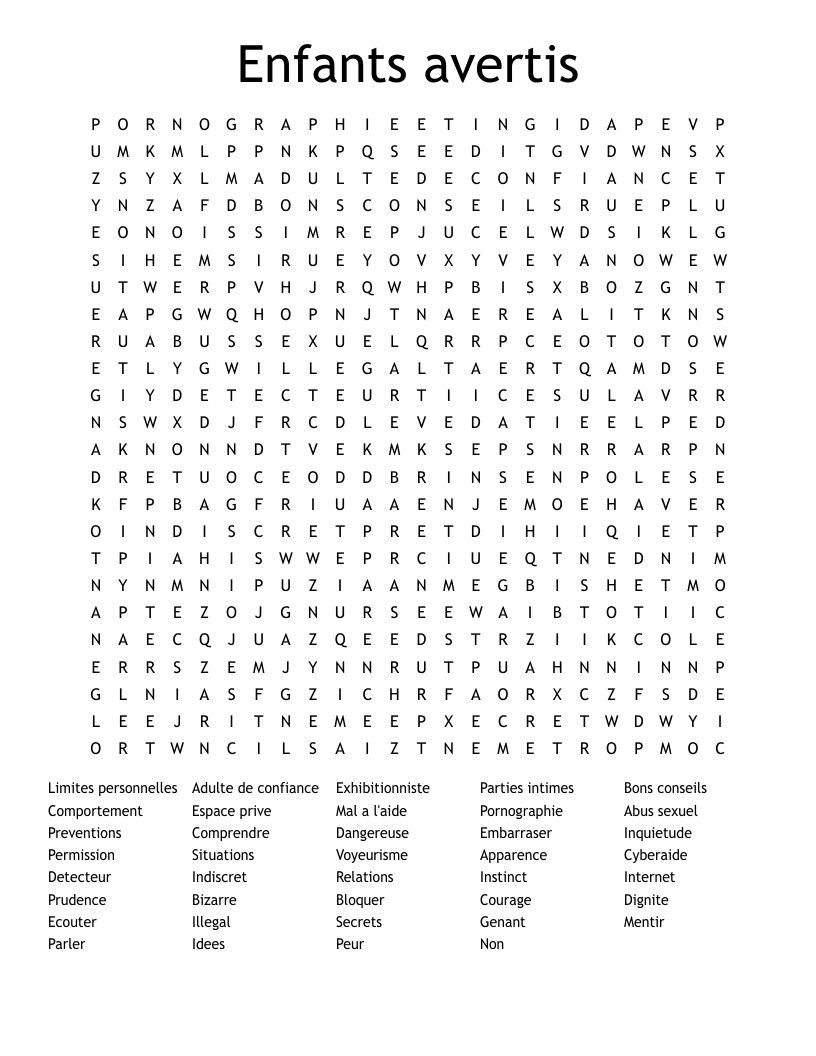 Enfants avertis Word Search
