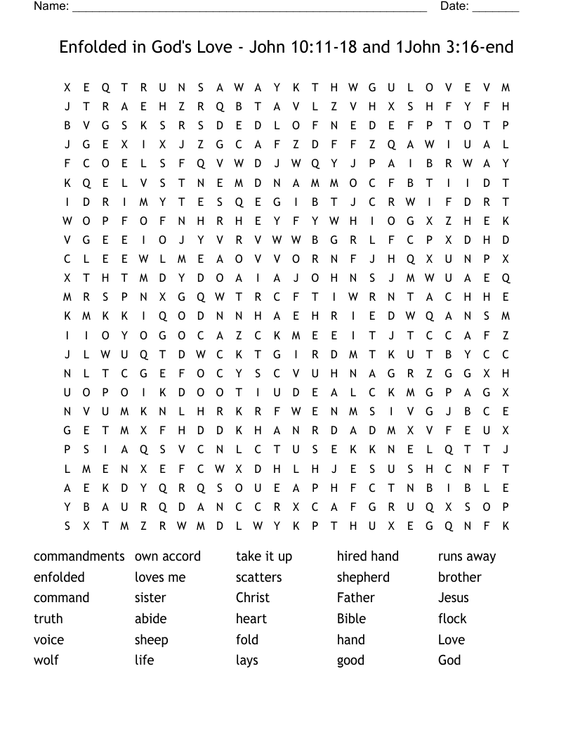 Enfolded in God's Love - John 10:11-18 and 1John 3:16-end Word Search