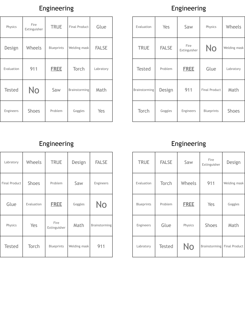 Engineering Bingo Cards