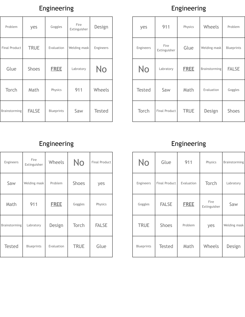 Engineering Bingo Cards