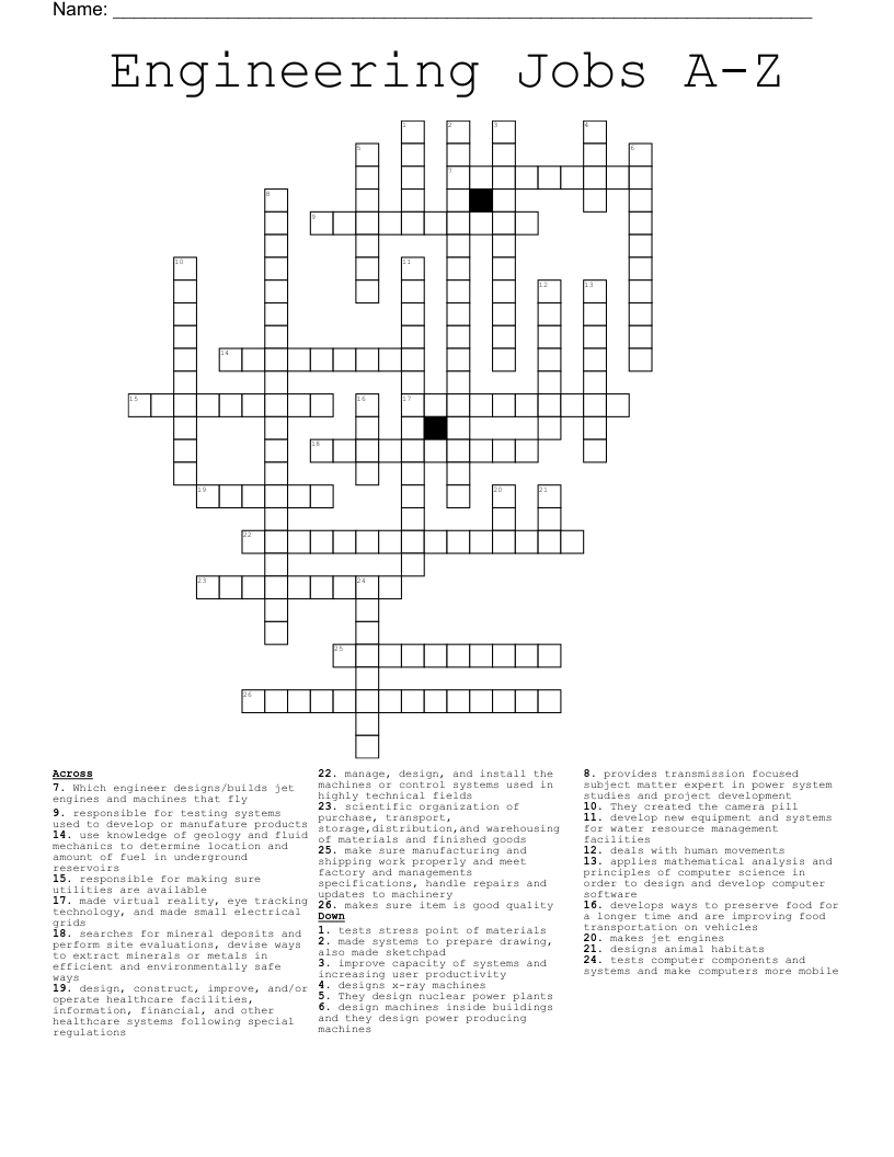 Engineering Jobs A-Z Crossword