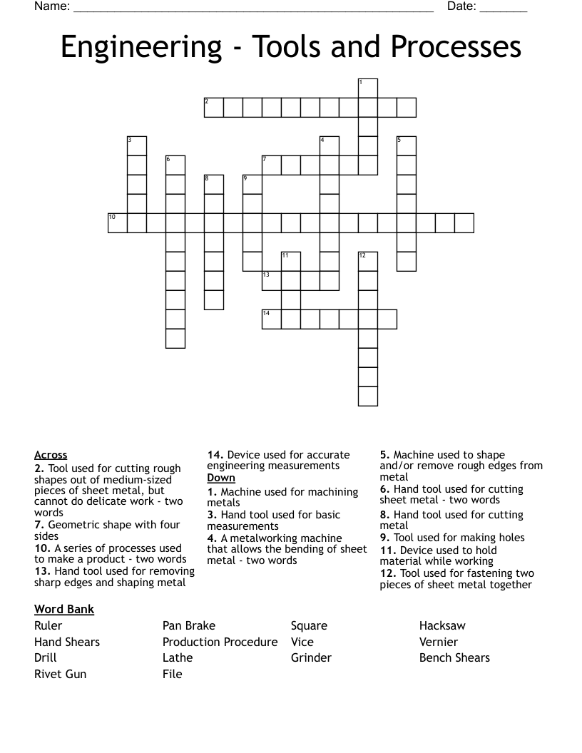 Engineering - Tools and Processes Crossword
