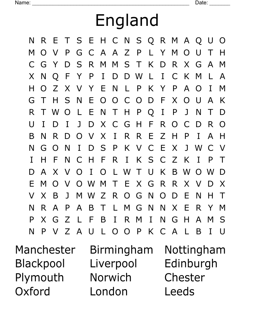 England Word Search