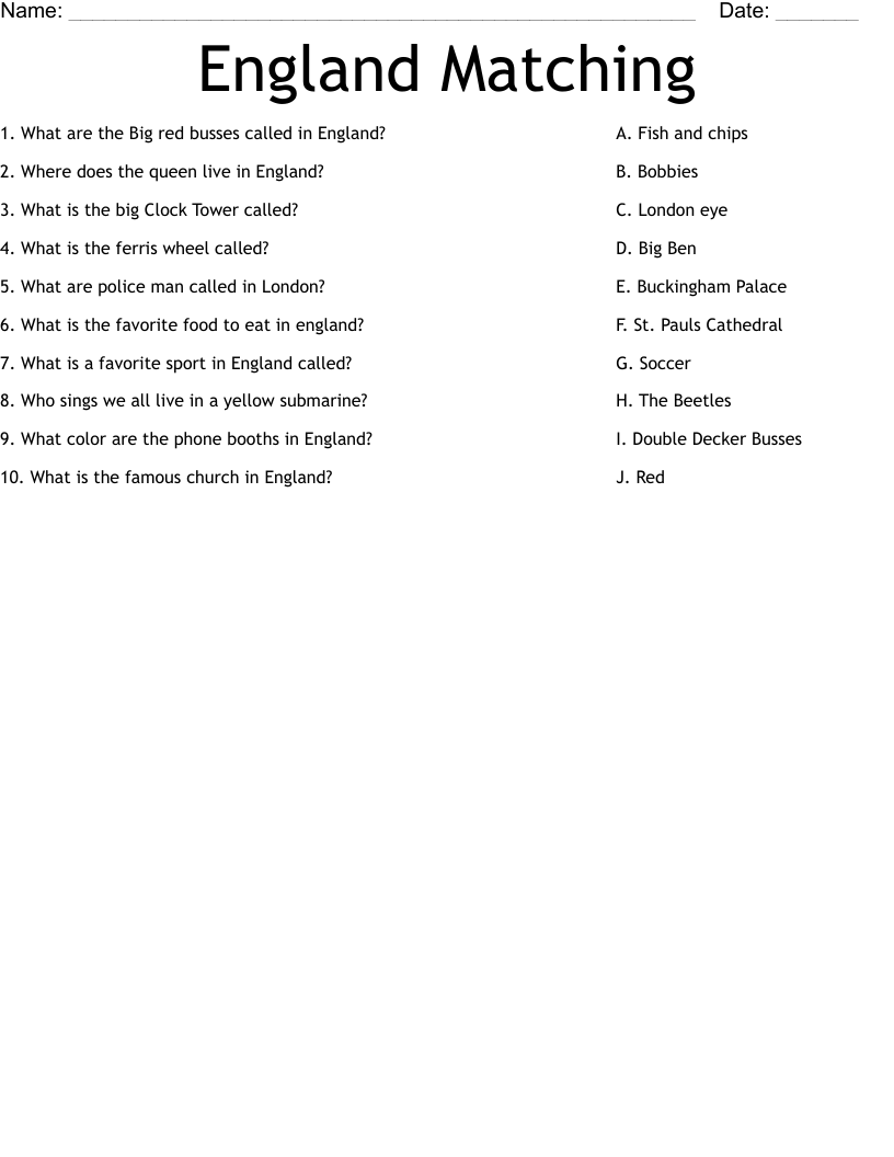 England Matching Worksheet