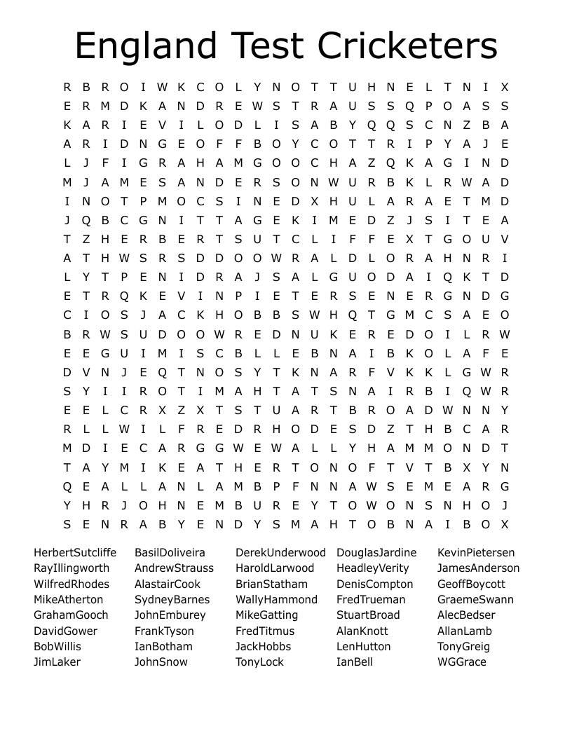 England Test Cricketers Word Search