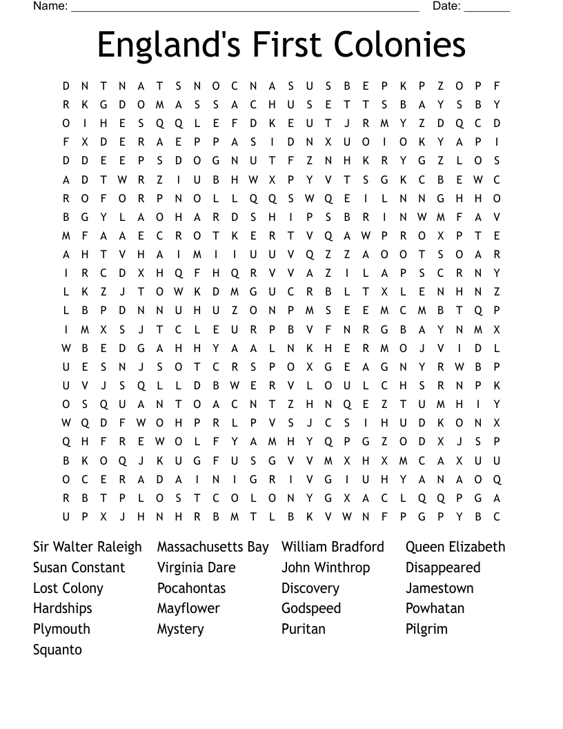England's First Colonies Word Search
